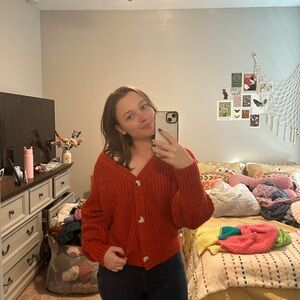 Red button up cardigan